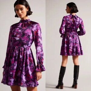 NWT TED BAKER SAMMEIH FLORAL PRINT LONG SLEEVE MINI DRESS LARGE